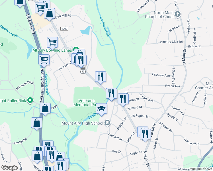 map of restaurants, bars, coffee shops, grocery stores, and more near 730 West Lebanon Street in Mount Airy