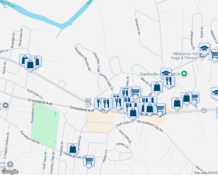 map of restaurants, bars, coffee shops, grocery stores, and more near 1635 Eastern Hills Drive in Clarksville