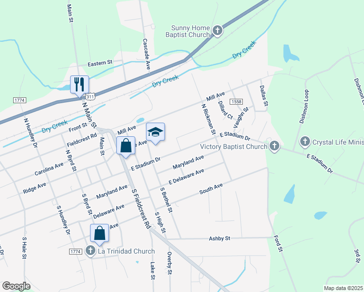 map of restaurants, bars, coffee shops, grocery stores, and more near 1803 East Stadium Drive in Eden