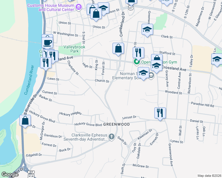 map of restaurants, bars, coffee shops, grocery stores, and more near 847 Cumberland Drive in Clarksville