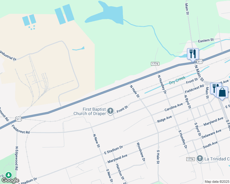 map of restaurants, bars, coffee shops, grocery stores, and more near 1104 East Meadow Road in Eden