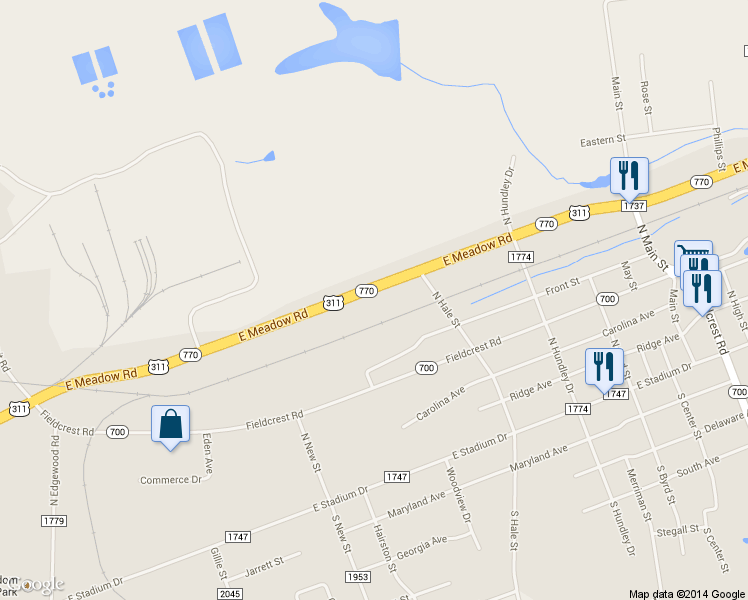 map of restaurants, bars, coffee shops, grocery stores, and more near 1104 East Meadow Road in Eden