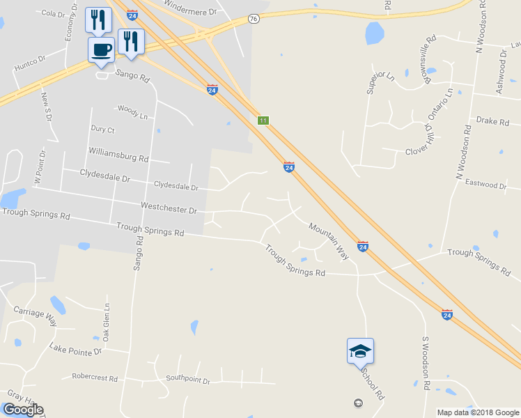 map of restaurants, bars, coffee shops, grocery stores, and more near 3141 Westchester Drive in Clarksville