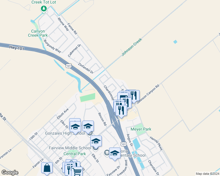 map of restaurants, bars, coffee shops, grocery stores, and more near 731 Colombard Circle in Gonzales
