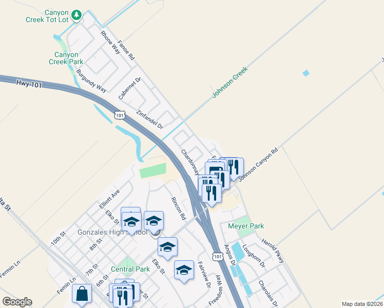 map of restaurants, bars, coffee shops, grocery stores, and more near 731 Colombard Circle in Gonzales