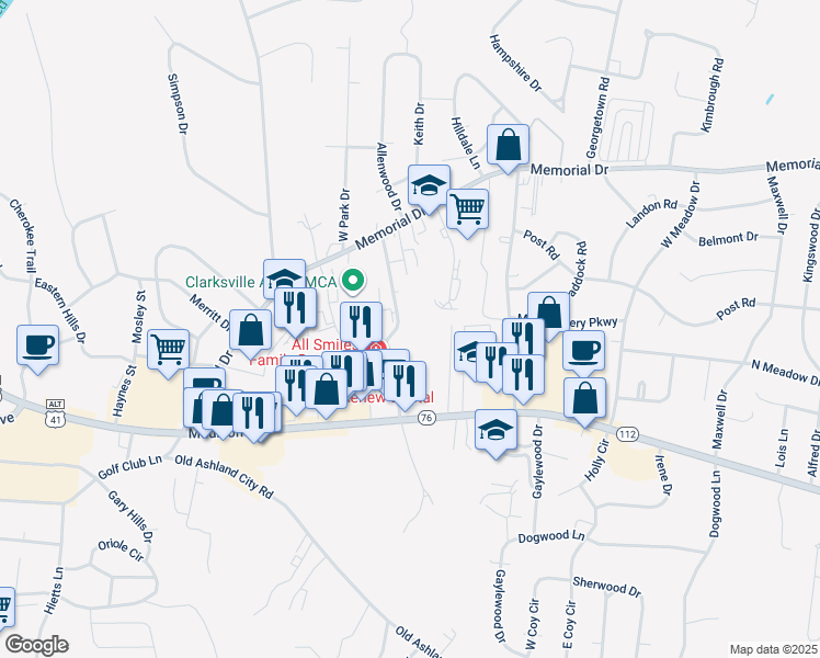 map of restaurants, bars, coffee shops, grocery stores, and more near 205 Hillcrest Drive in Clarksville