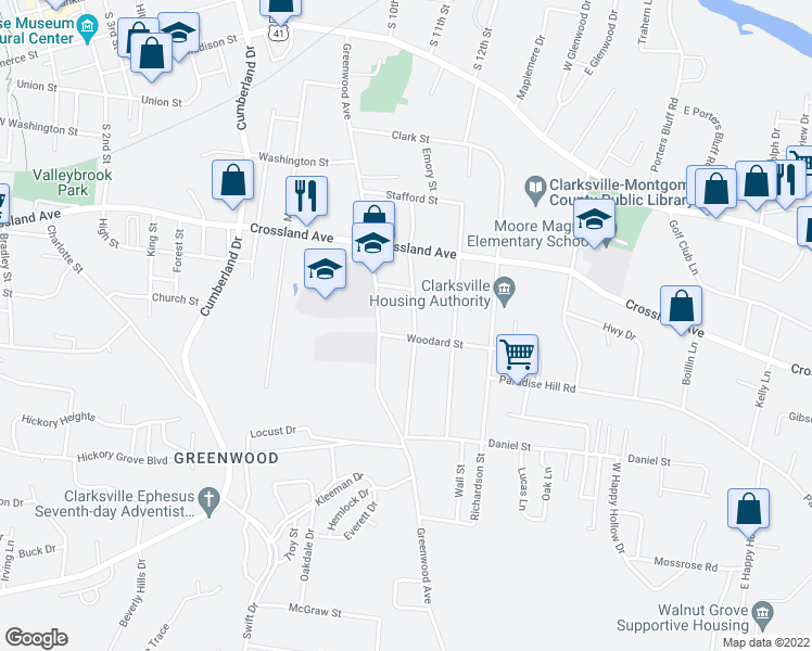 map of restaurants, bars, coffee shops, grocery stores, and more near 765 Greenwood Avenue in Clarksville