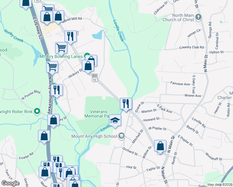 map of restaurants, bars, coffee shops, grocery stores, and more near 730 West Lebanon Street in Mount Airy