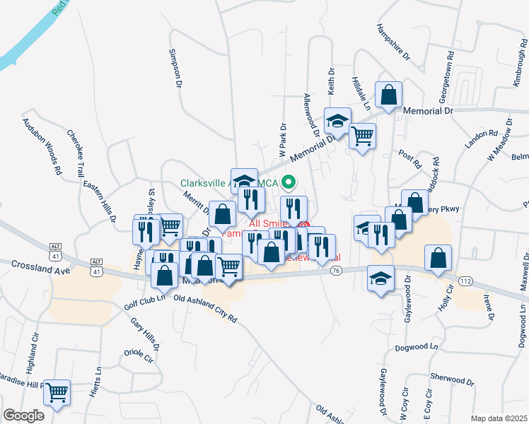 map of restaurants, bars, coffee shops, grocery stores, and more near 1818 Memorial Drive in Clarksville