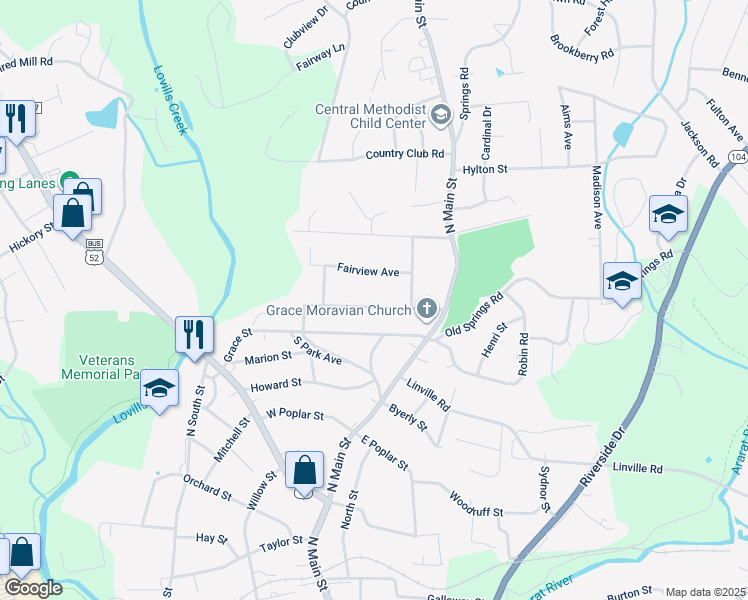 map of restaurants, bars, coffee shops, grocery stores, and more near 218 Wrenn Avenue in Mount Airy