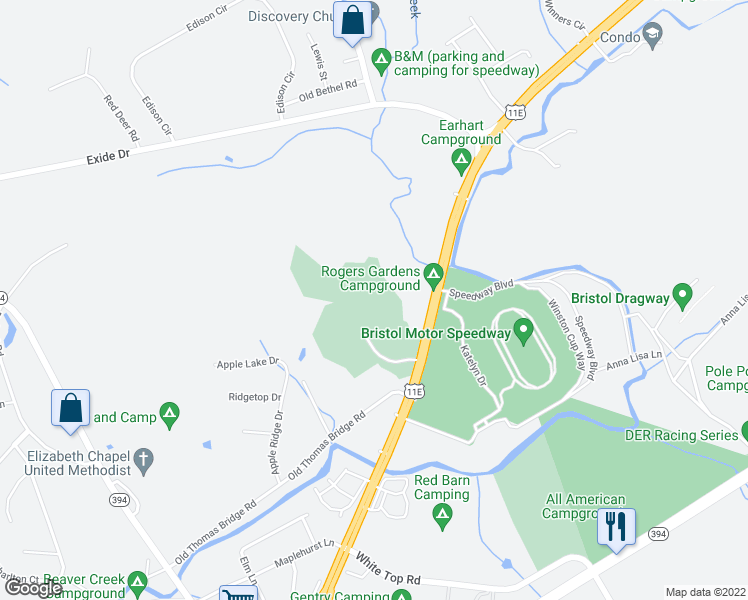 map of restaurants, bars, coffee shops, grocery stores, and more near 2800 Highway 11 East in Bristol