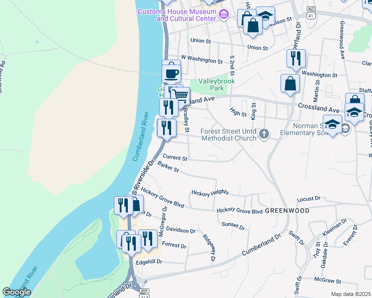 map of restaurants, bars, coffee shops, grocery stores, and more near 810 Bradley Street in Clarksville