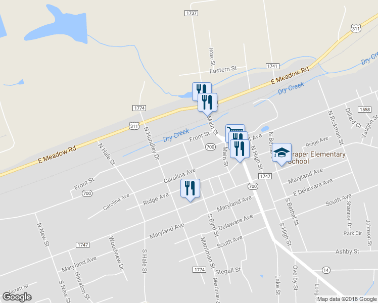 map of restaurants, bars, coffee shops, grocery stores, and more near 1401 Fieldcrest Road in Eden
