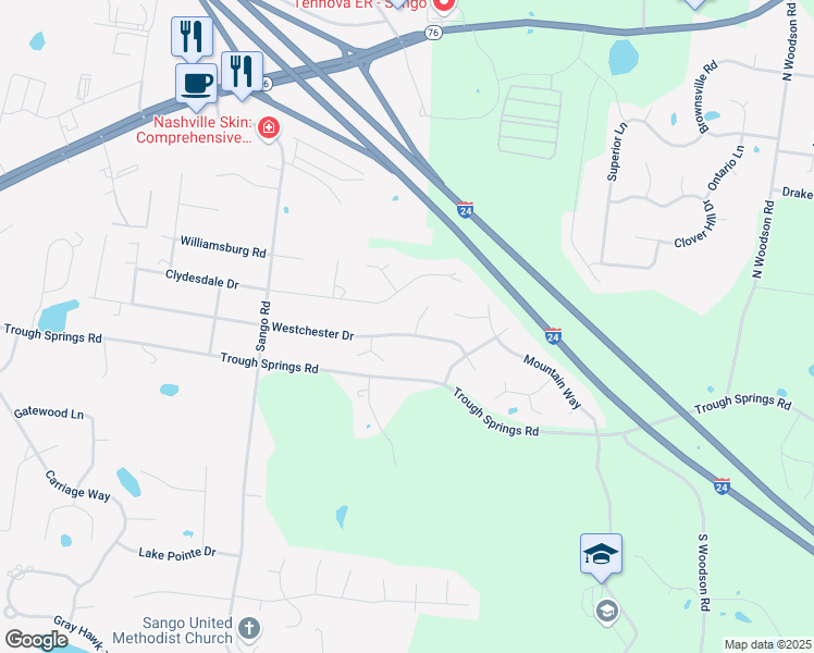 map of restaurants, bars, coffee shops, grocery stores, and more near 3133 Westchester Drive in Clarksville