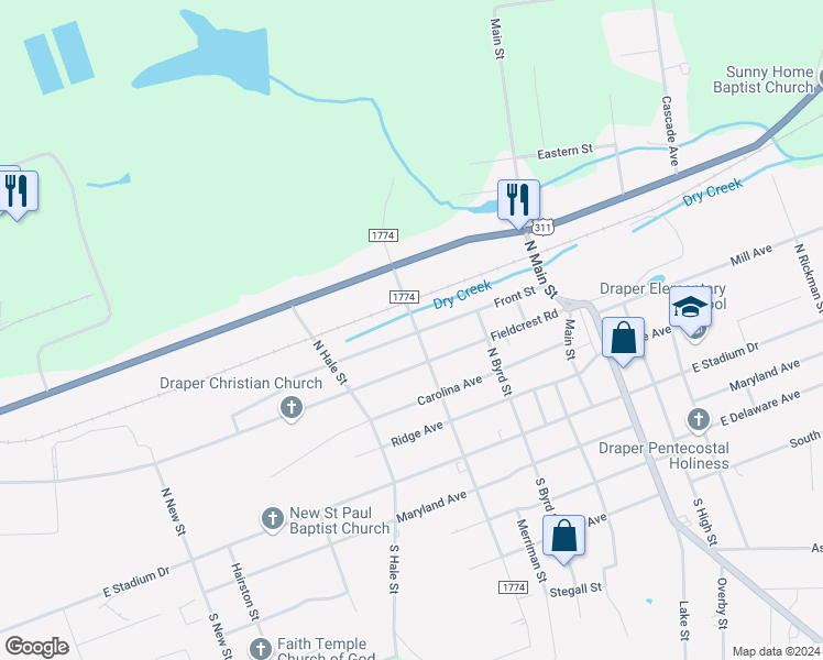 map of restaurants, bars, coffee shops, grocery stores, and more near 1239 Front Street in Eden