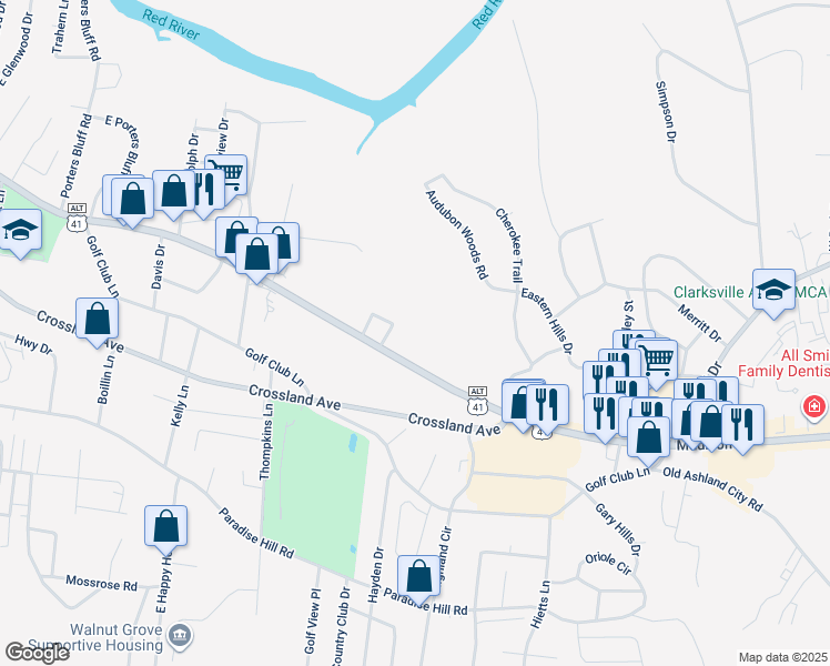 map of restaurants, bars, coffee shops, grocery stores, and more near 1527 Madison Street in Clarksville