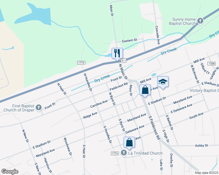 map of restaurants, bars, coffee shops, grocery stores, and more near 1401 Fieldcrest Road in Eden