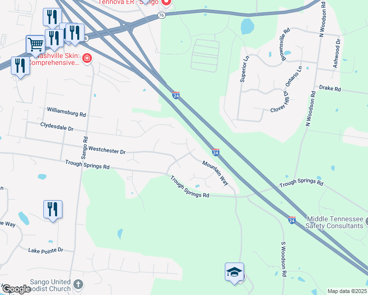 map of restaurants, bars, coffee shops, grocery stores, and more near 1346 Mountain Way in Clarksville