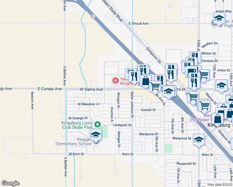 map of restaurants, bars, coffee shops, grocery stores, and more near 1857 Morgan Dr in Kingsburg