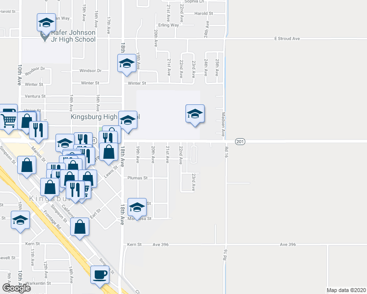 map of restaurants, bars, coffee shops, grocery stores, and more near 1860 22nd Avenue in Kingsburg