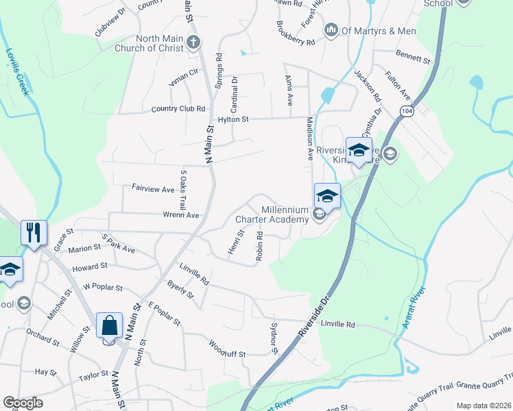 map of restaurants, bars, coffee shops, grocery stores, and more near 412 Robin Road in Mount Airy