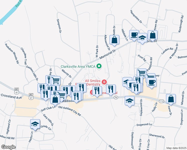 map of restaurants, bars, coffee shops, grocery stores, and more near 215 Uffelman Drive in Clarksville