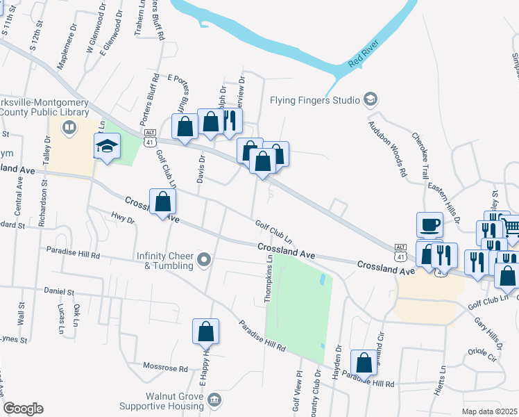 map of restaurants, bars, coffee shops, grocery stores, and more near 371 Liberty Parkway in Clarksville