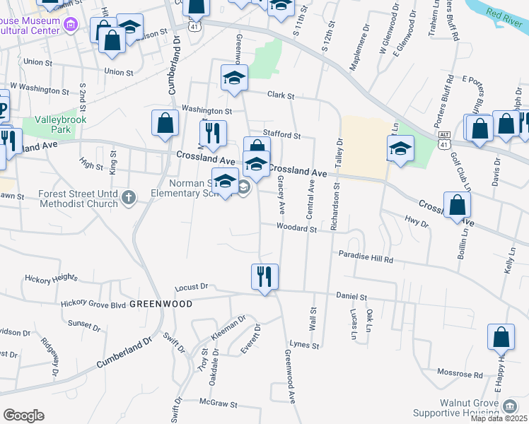 map of restaurants, bars, coffee shops, grocery stores, and more near 765 Greenwood Avenue in Clarksville