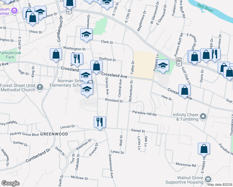 map of restaurants, bars, coffee shops, grocery stores, and more near 741 Gracey Avenue in Clarksville