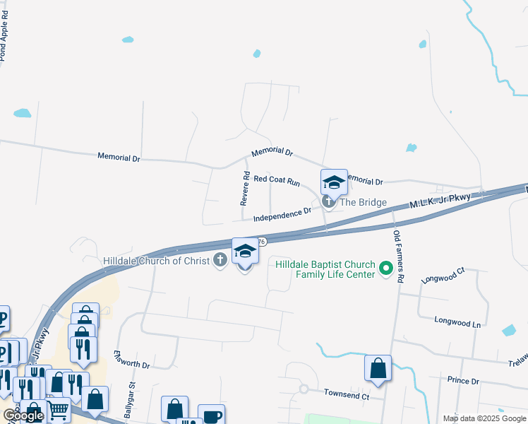 map of restaurants, bars, coffee shops, grocery stores, and more near 300 Justice Drive in Clarksville