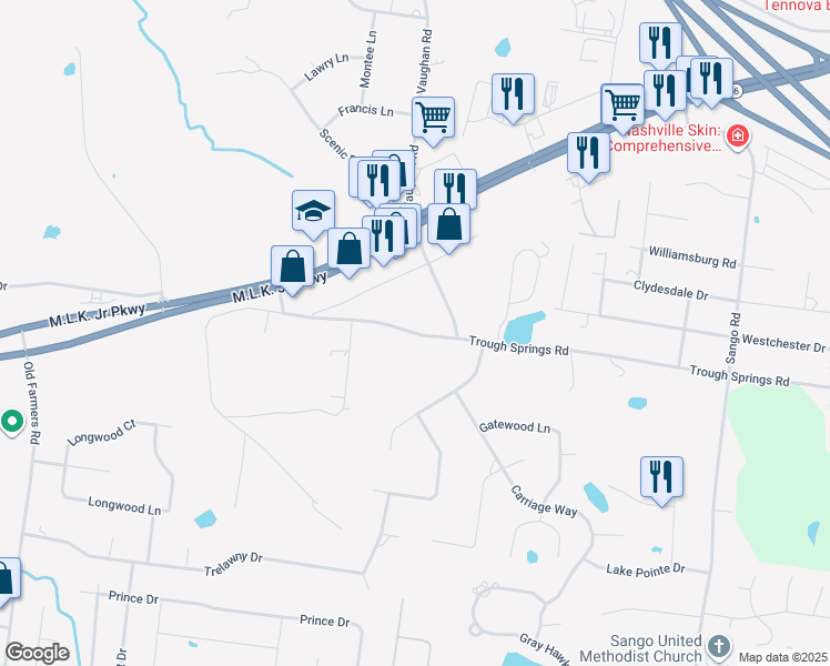 map of restaurants, bars, coffee shops, grocery stores, and more near 2875 Trough Springs Road in Clarksville