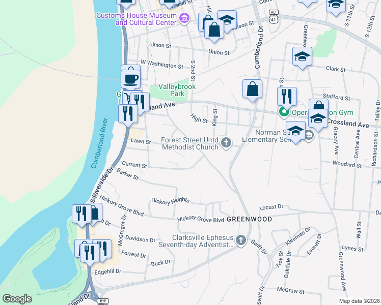 map of restaurants, bars, coffee shops, grocery stores, and more near 932 1/2 Charlotte Street in Clarksville