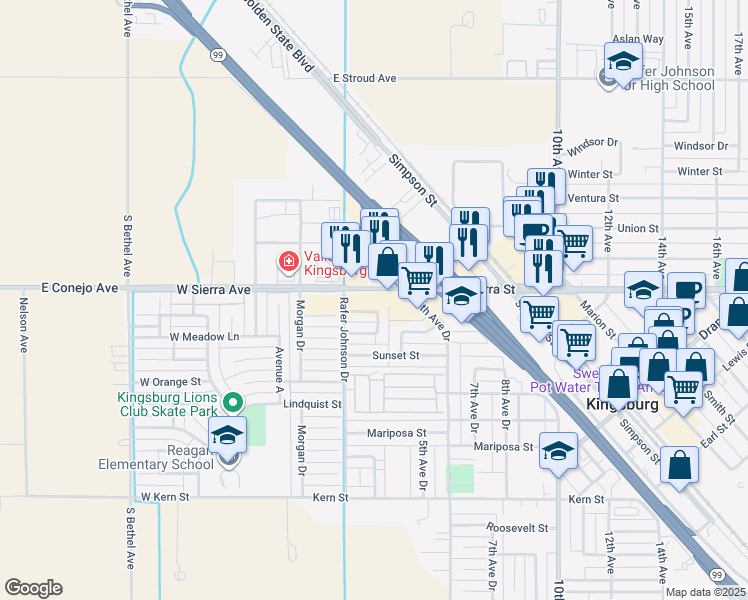 map of restaurants, bars, coffee shops, grocery stores, and more near 386 Sierra Street in Kingsburg