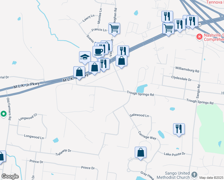 map of restaurants, bars, coffee shops, grocery stores, and more near 2875 Trough Springs Road in Clarksville
