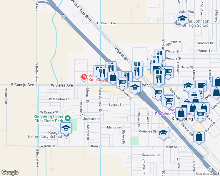 map of restaurants, bars, coffee shops, grocery stores, and more near 386 Sierra Street in Kingsburg