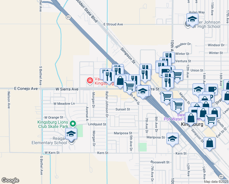 map of restaurants, bars, coffee shops, grocery stores, and more near 356 Sierra Street in Kingsburg