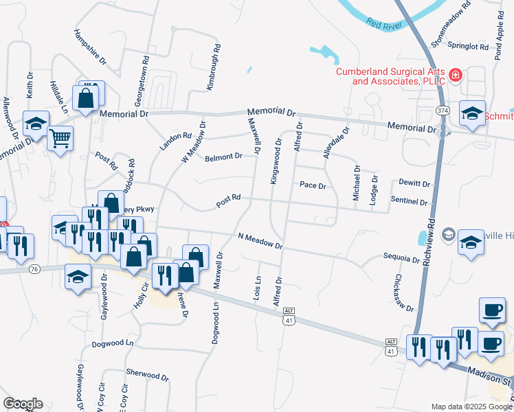 map of restaurants, bars, coffee shops, grocery stores, and more near 189 Maxwell Drive in Clarksville