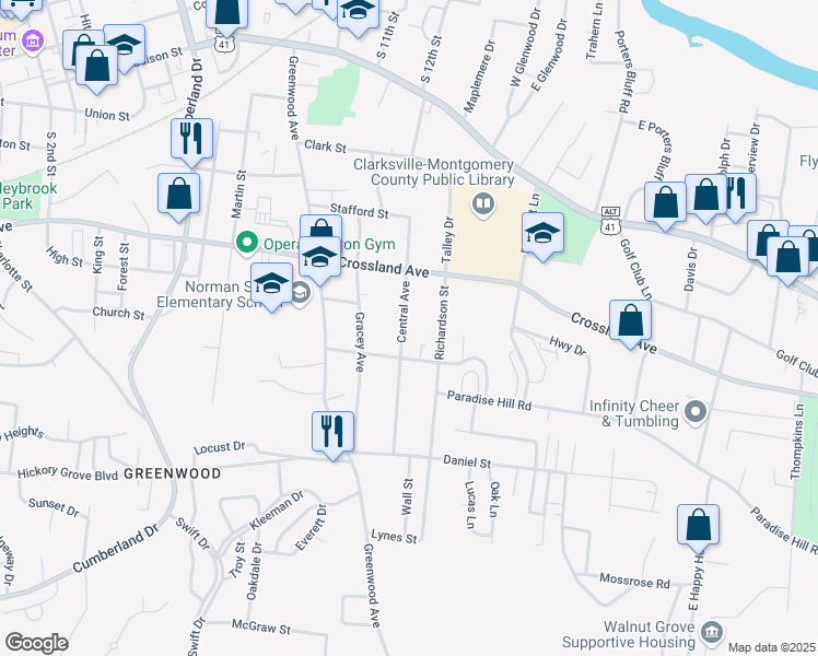 map of restaurants, bars, coffee shops, grocery stores, and more near 715 Central Avenue in Clarksville
