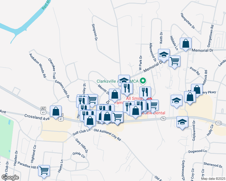 map of restaurants, bars, coffee shops, grocery stores, and more near 1759 Memorial Drive in Clarksville