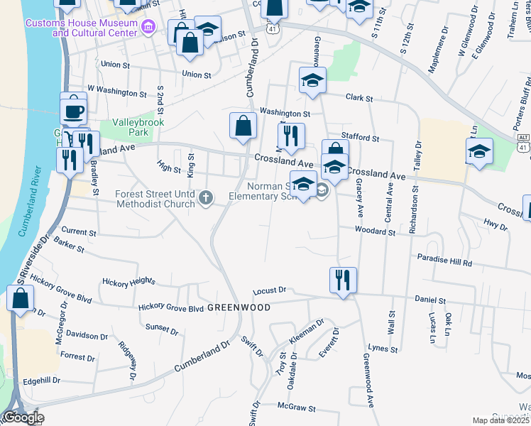 map of restaurants, bars, coffee shops, grocery stores, and more near 912 Martin Street in Clarksville