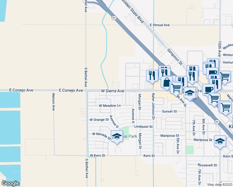 map of restaurants, bars, coffee shops, grocery stores, and more near 326 West Sierra Avenue in Kingsburg