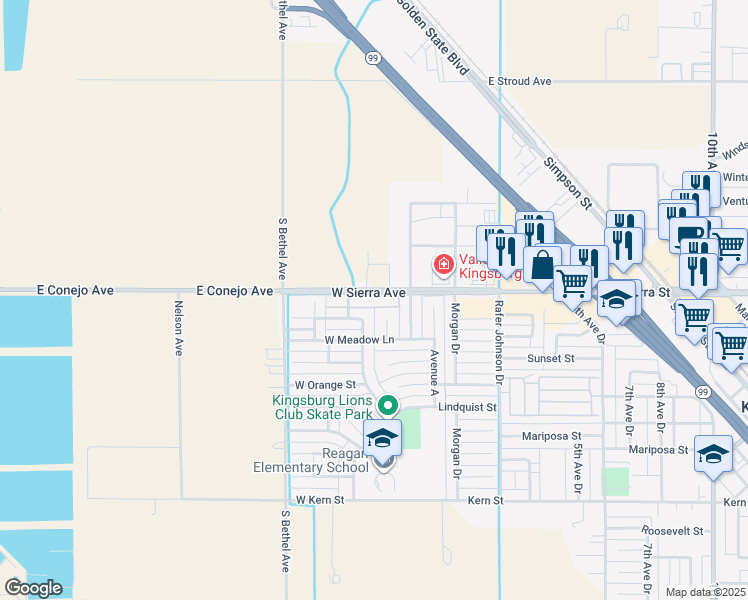 map of restaurants, bars, coffee shops, grocery stores, and more near 356 West Sierra Avenue in Kingsburg