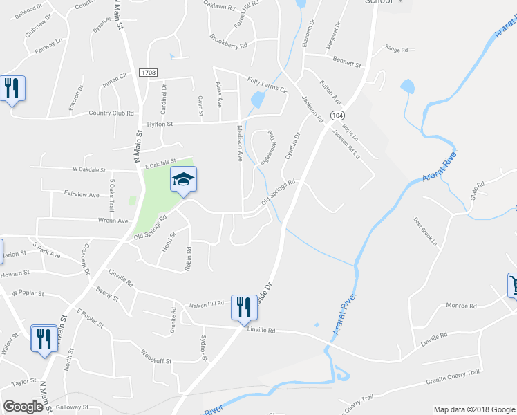 map of restaurants, bars, coffee shops, grocery stores, and more near 531 Old Springs Road in Mount Airy