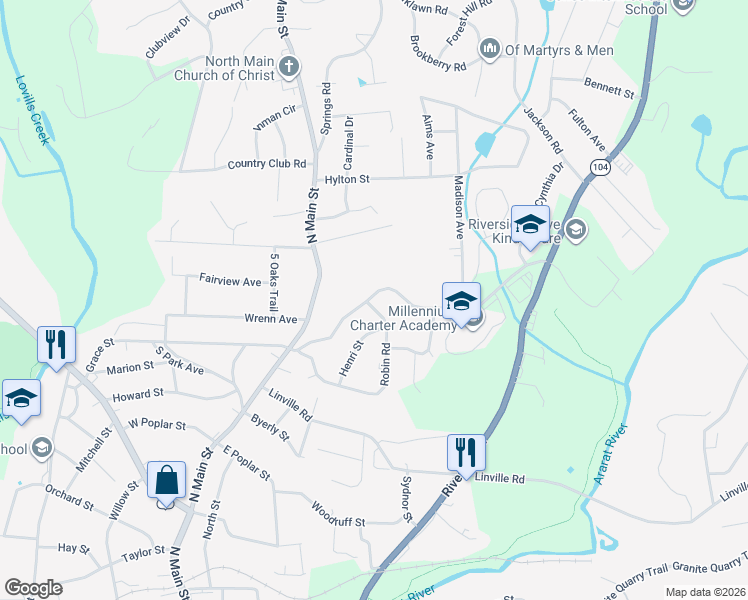 map of restaurants, bars, coffee shops, grocery stores, and more near 412 Robin Road in Mount Airy