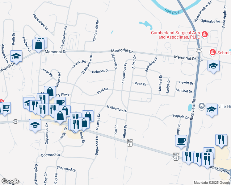 map of restaurants, bars, coffee shops, grocery stores, and more near 189 Maxwell Drive in Clarksville