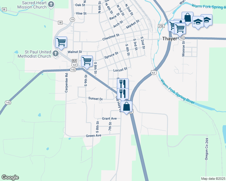 map of restaurants, bars, coffee shops, grocery stores, and more near 720 7th Street in Thayer