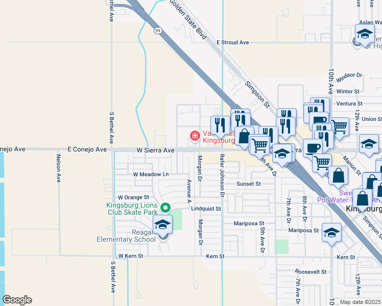 map of restaurants, bars, coffee shops, grocery stores, and more near 1857 Morgan Drive in Kingsburg