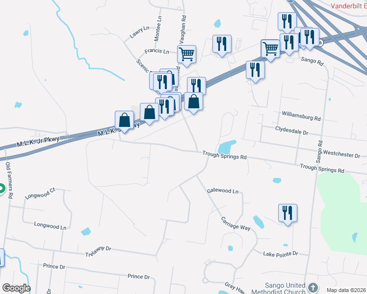 map of restaurants, bars, coffee shops, grocery stores, and more near 2890 Trough Springs Road in Clarksville