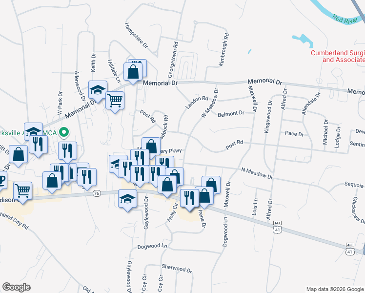 map of restaurants, bars, coffee shops, grocery stores, and more near 2031 Montgomery Parkway in Clarksville