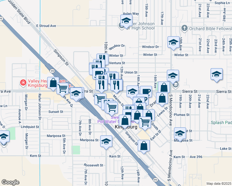 map of restaurants, bars, coffee shops, grocery stores, and more near 1100 Sierra Street in Kingsburg